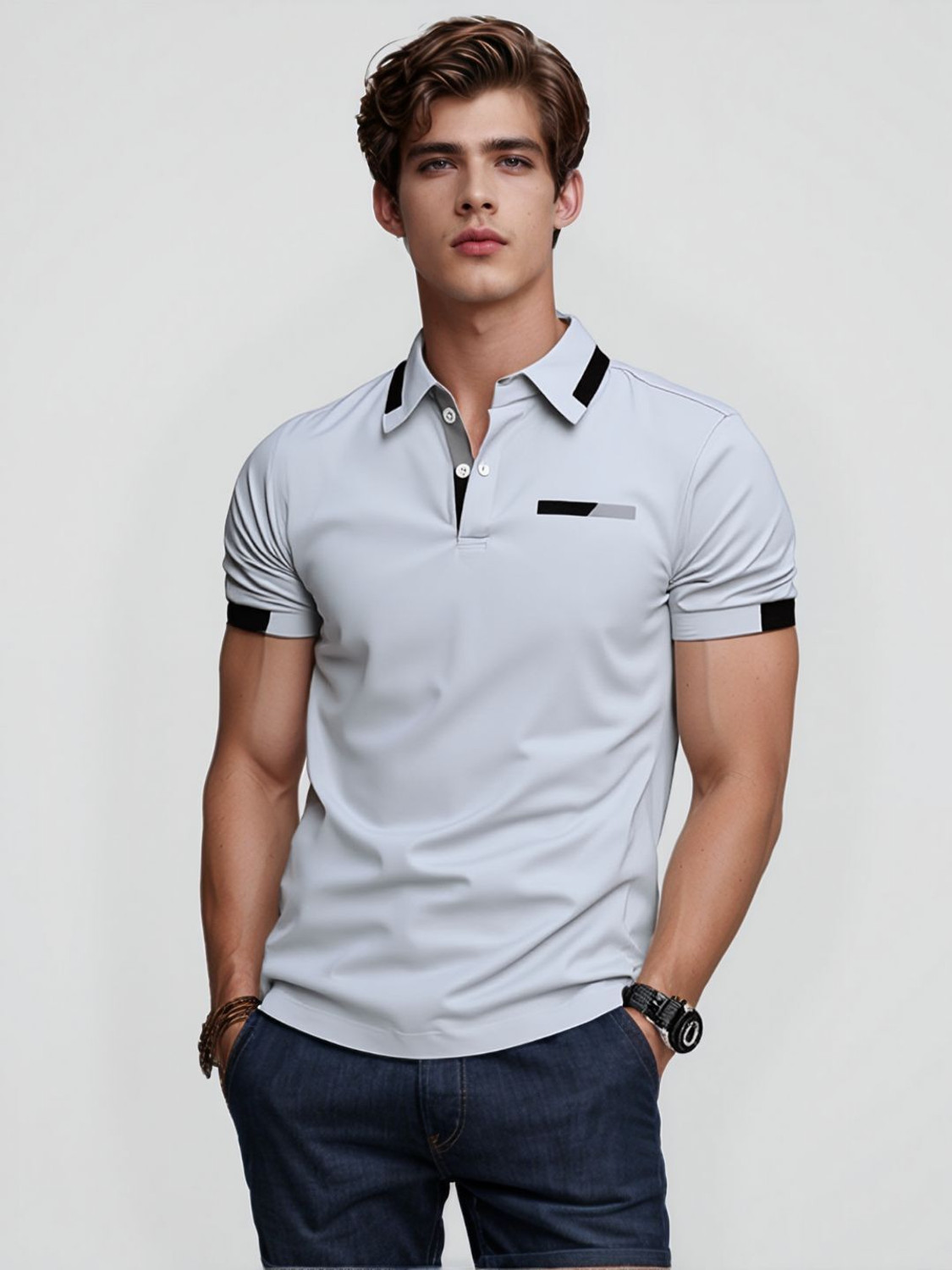 Image of MD by Mathra Dass Men Solid Polo Neck Cotton Blend Grey T-Shirt