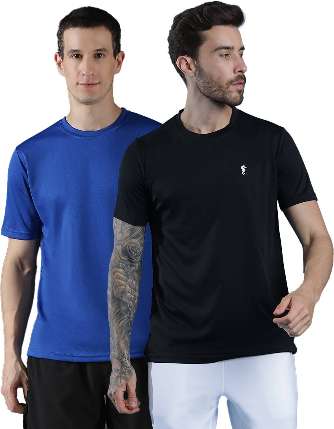 EPPE Pack of 2 Men Solid Round Neck Polyester Blue, Black T-Shirt