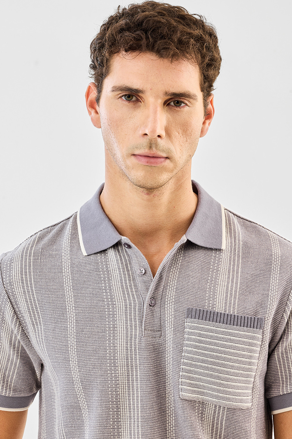 Image of Snitch Self Design, Striped Men Polo Neck Grey T-Shirt