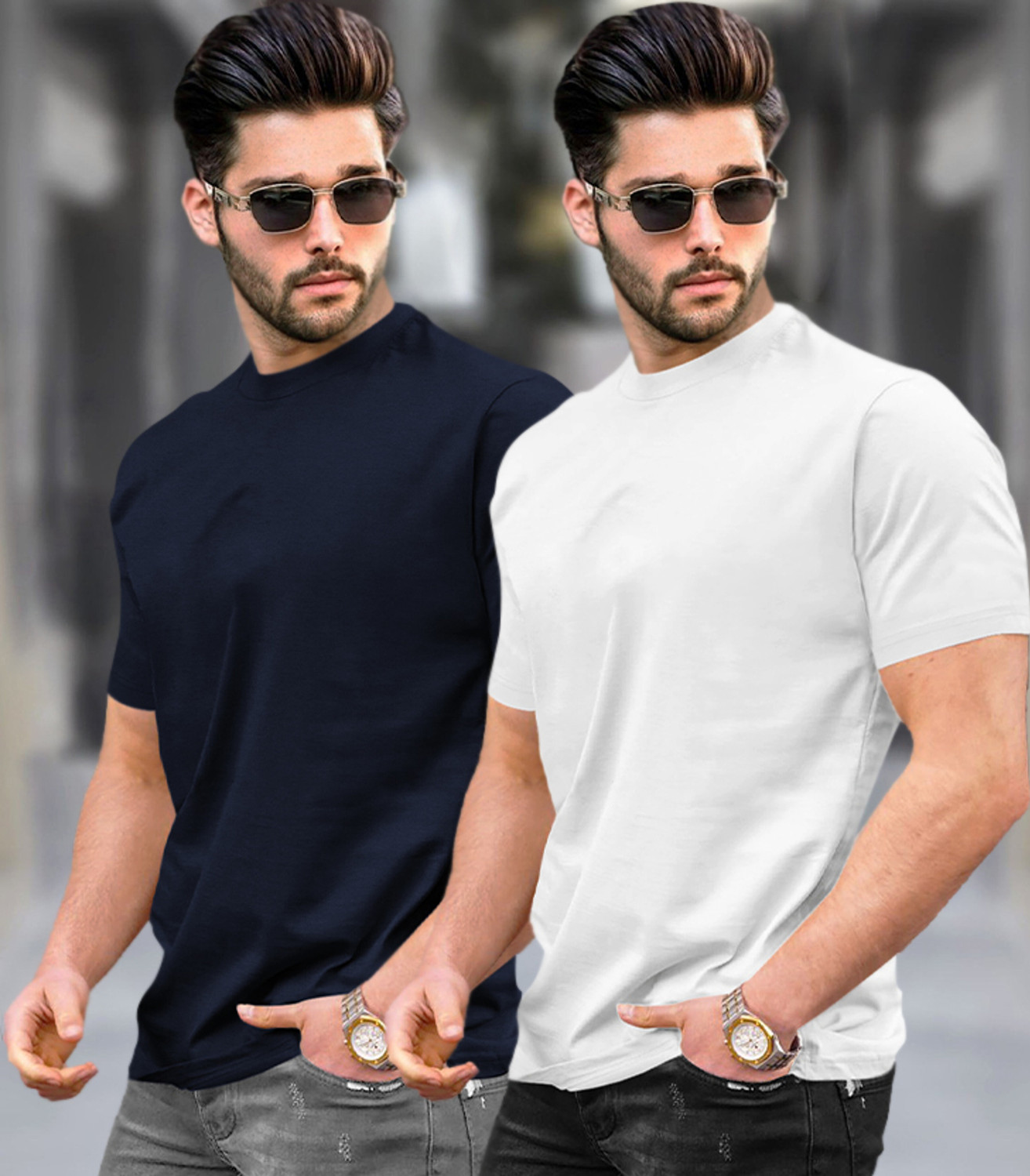 Image of TRIPR Solid Men Round Neck Navy Blue, White T-Shirt