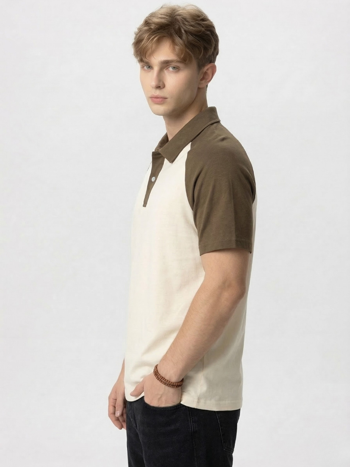 Image of YONGE Colorblock Men Polo Neck Brown T-Shirt