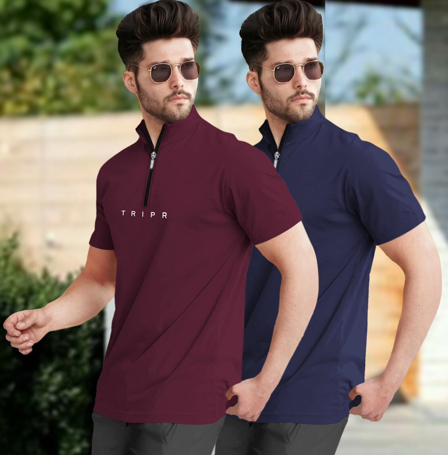 Image of TRIPR Solid Men Henley Neck Maroon, Navy Blue T-Shirt
