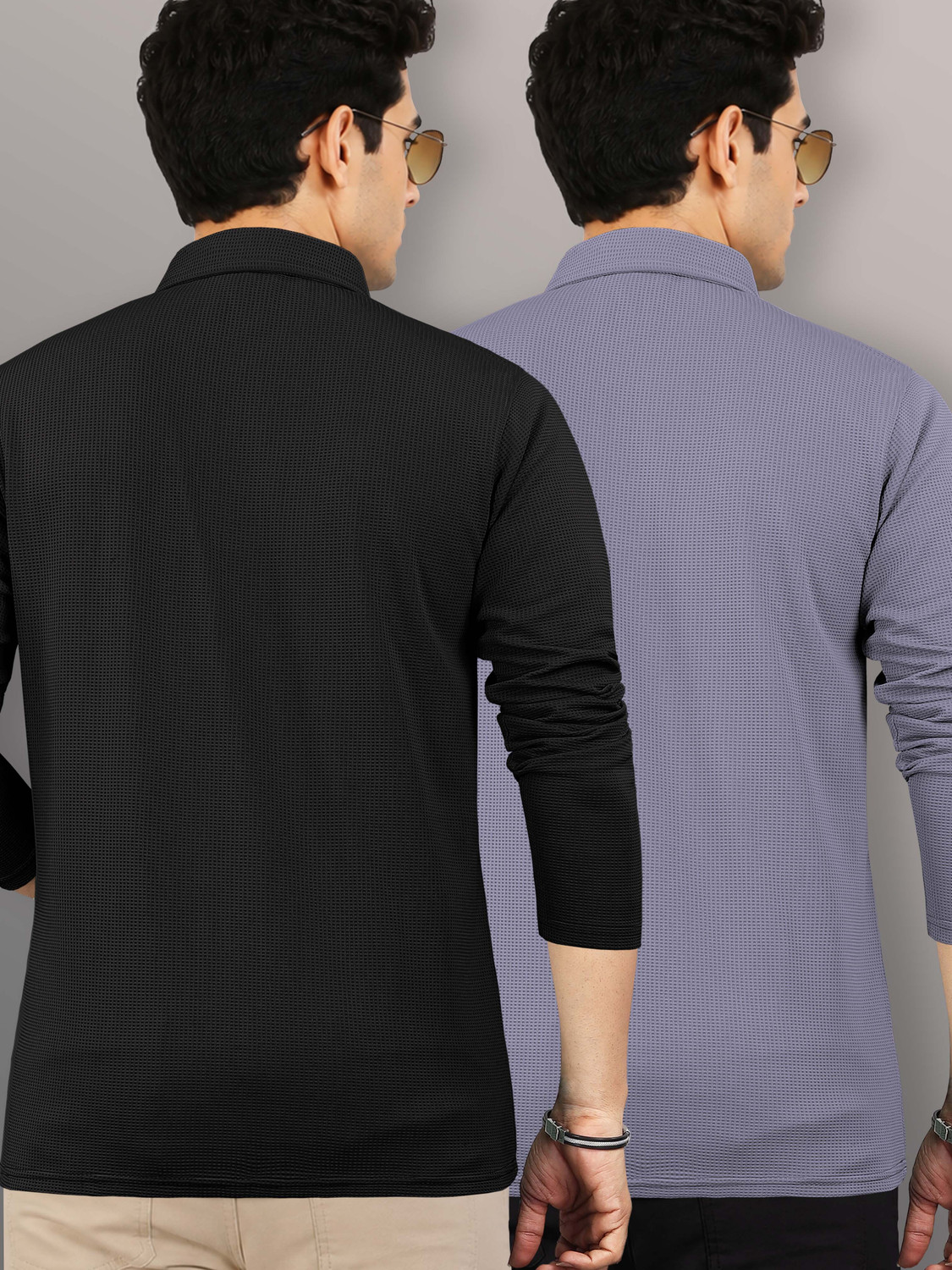 Image of VeBNoR Self Design Men Polo Neck Black, Grey T-Shirt