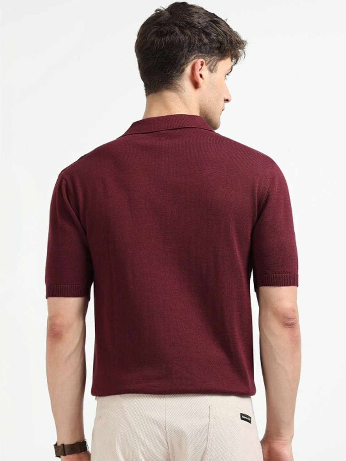 Image of MOHICANS Men Self Design Polo Neck Pure Cotton Maroon T-Shirt
