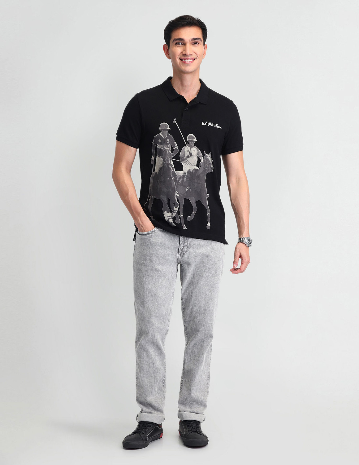 Image of U.S. POLO ASSN. Graphic Print Men Polo Neck Black T-Shirt