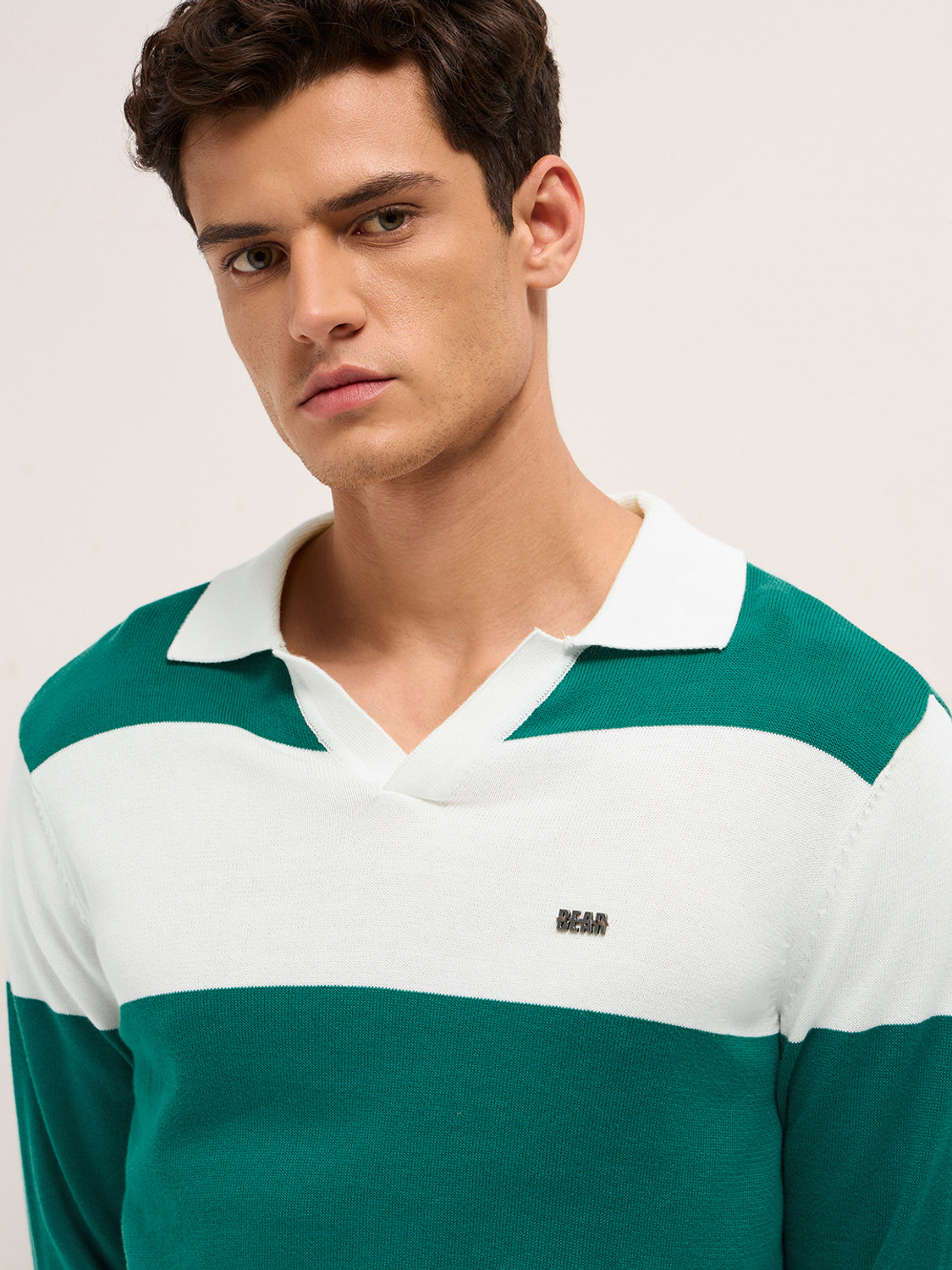Image of THE BEAR HOUSE Striped Men Polo Neck White, Green T-Shirt