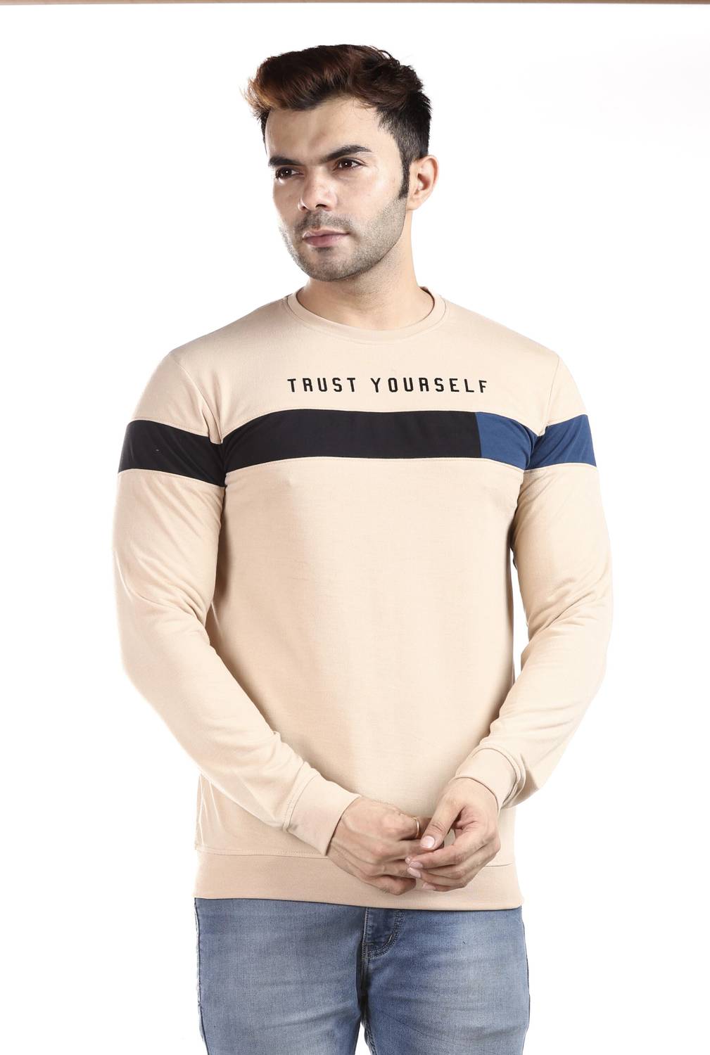 E-MAX Men Typography Crew Neck Polyester Beige T-Shirt