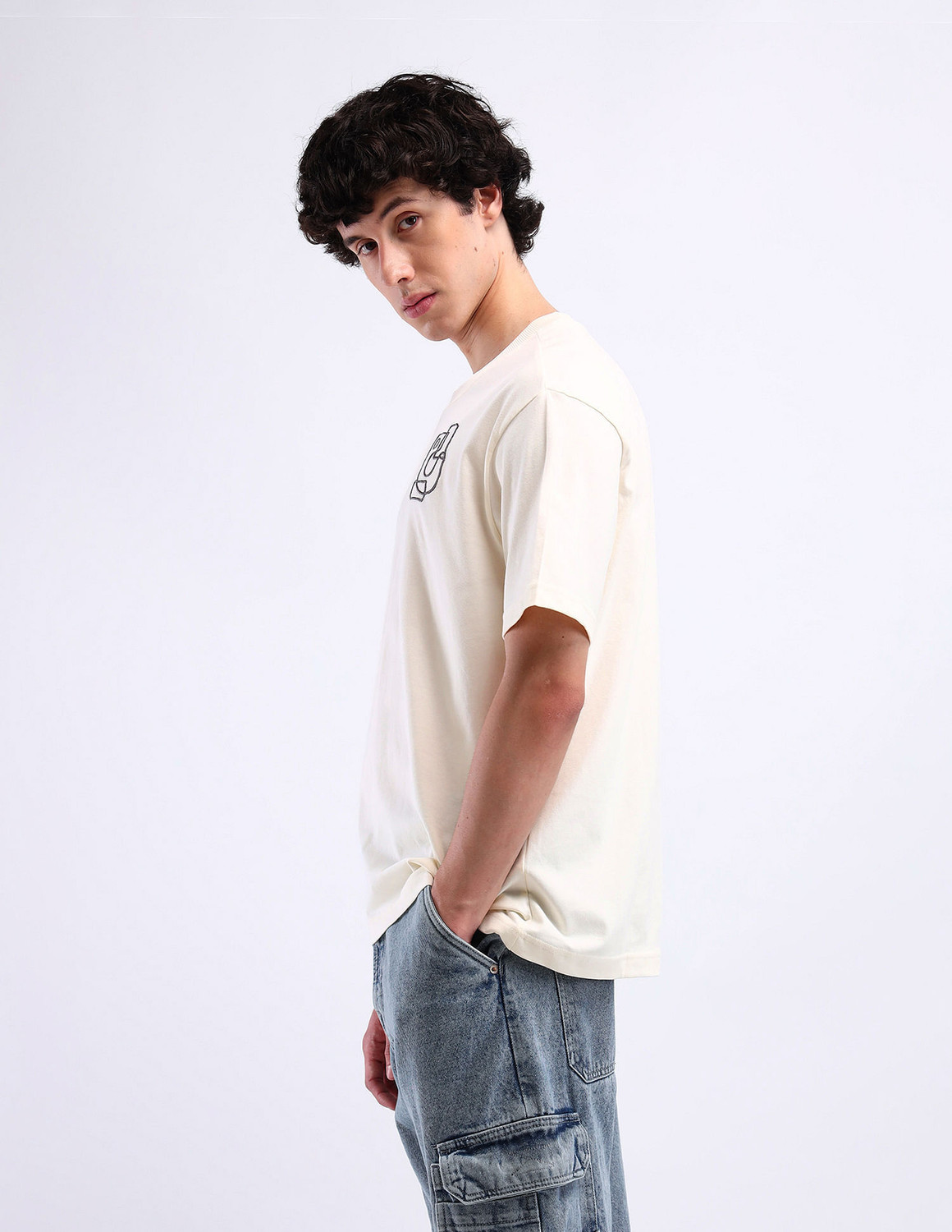 Image of FLYING MACHINE Self Design Men Crew Neck White T-Shirt
