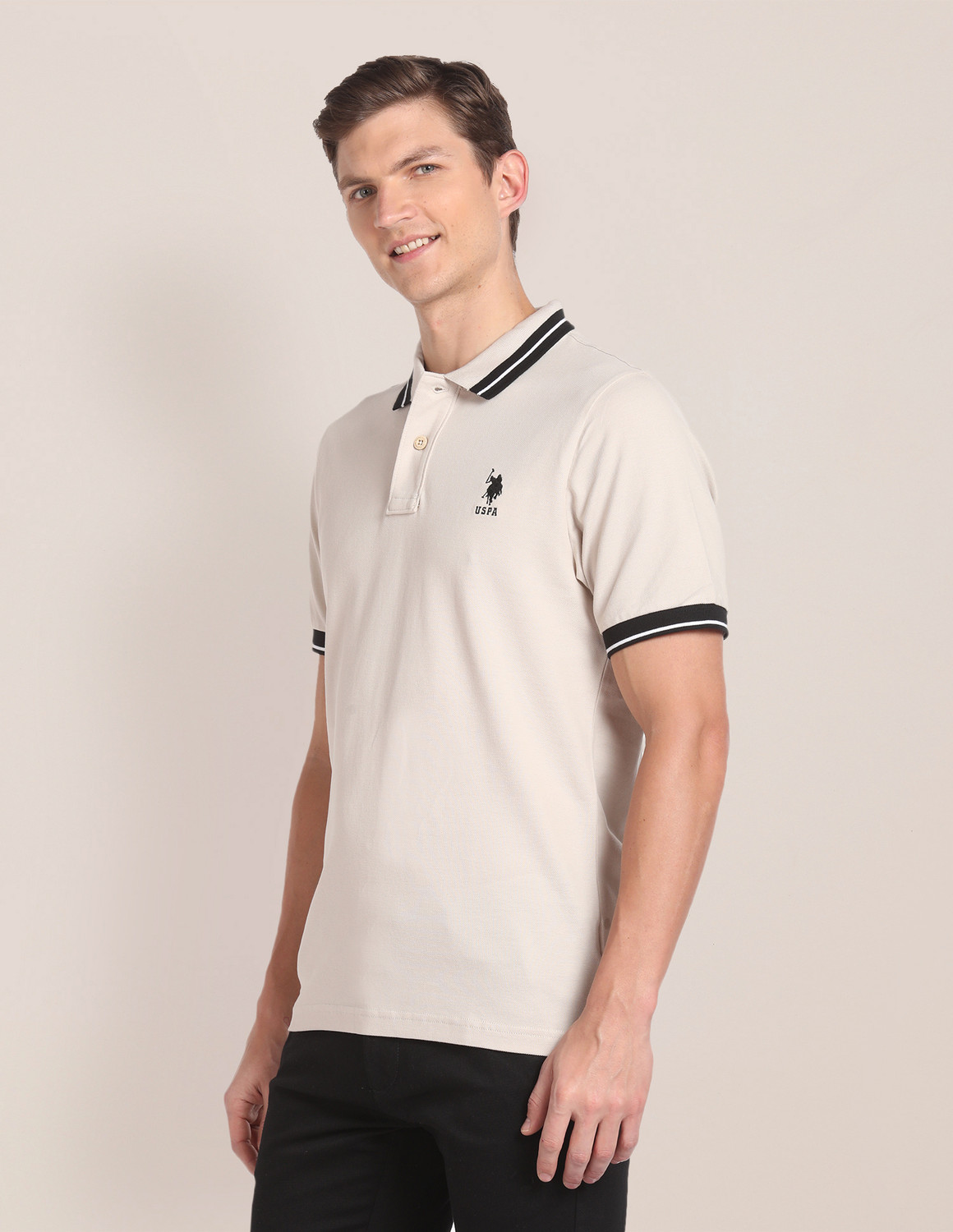 Image of U.S. POLO ASSN. Solid Men Polo Neck Beige T-Shirt