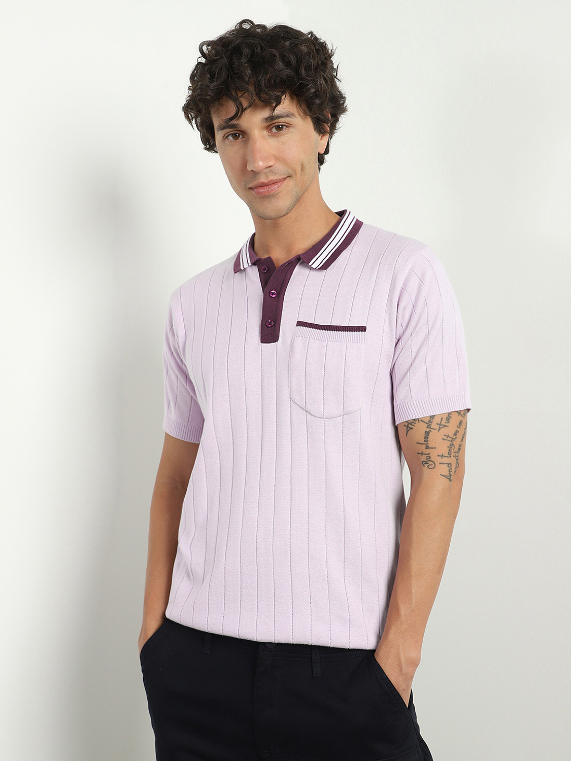 Image of NOBERO Self Design Men Polo Neck Pink T-Shirt