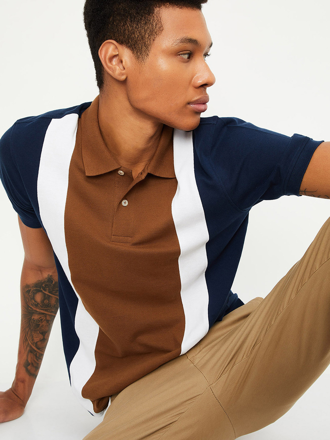 Image of MAX Striped Men Polo Neck Brown T-Shirt
