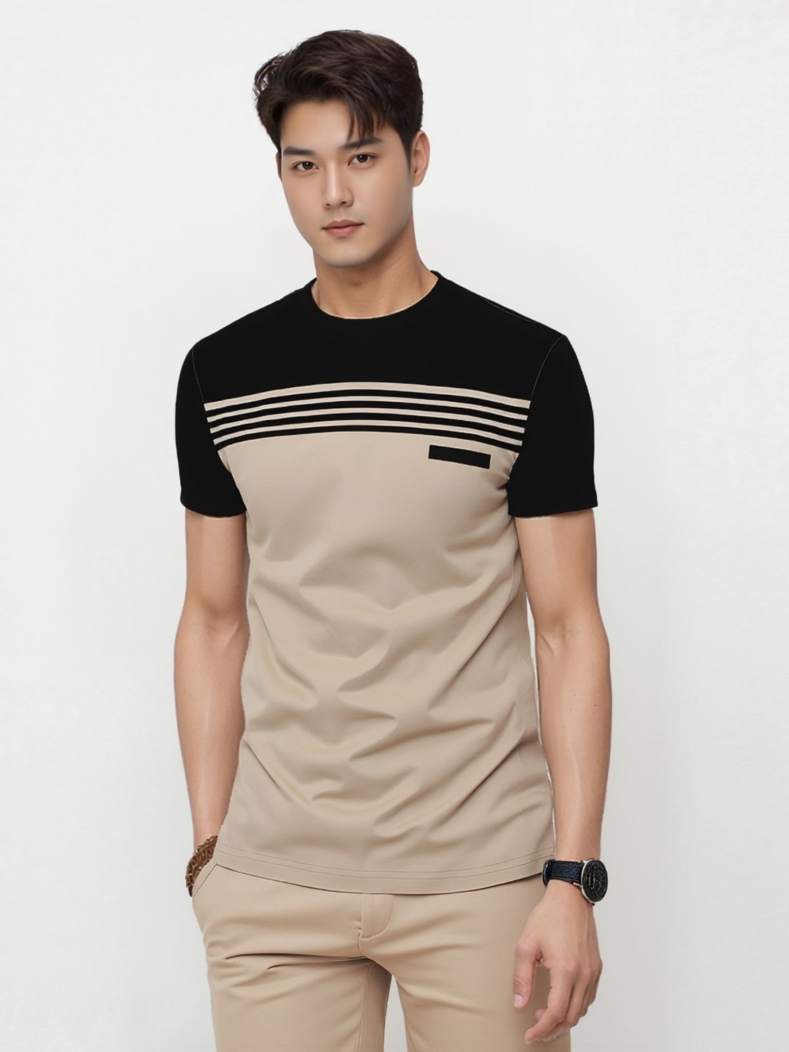 Image of TrendsTalk Colorblock Men Round Neck Black, Beige T-Shirt
