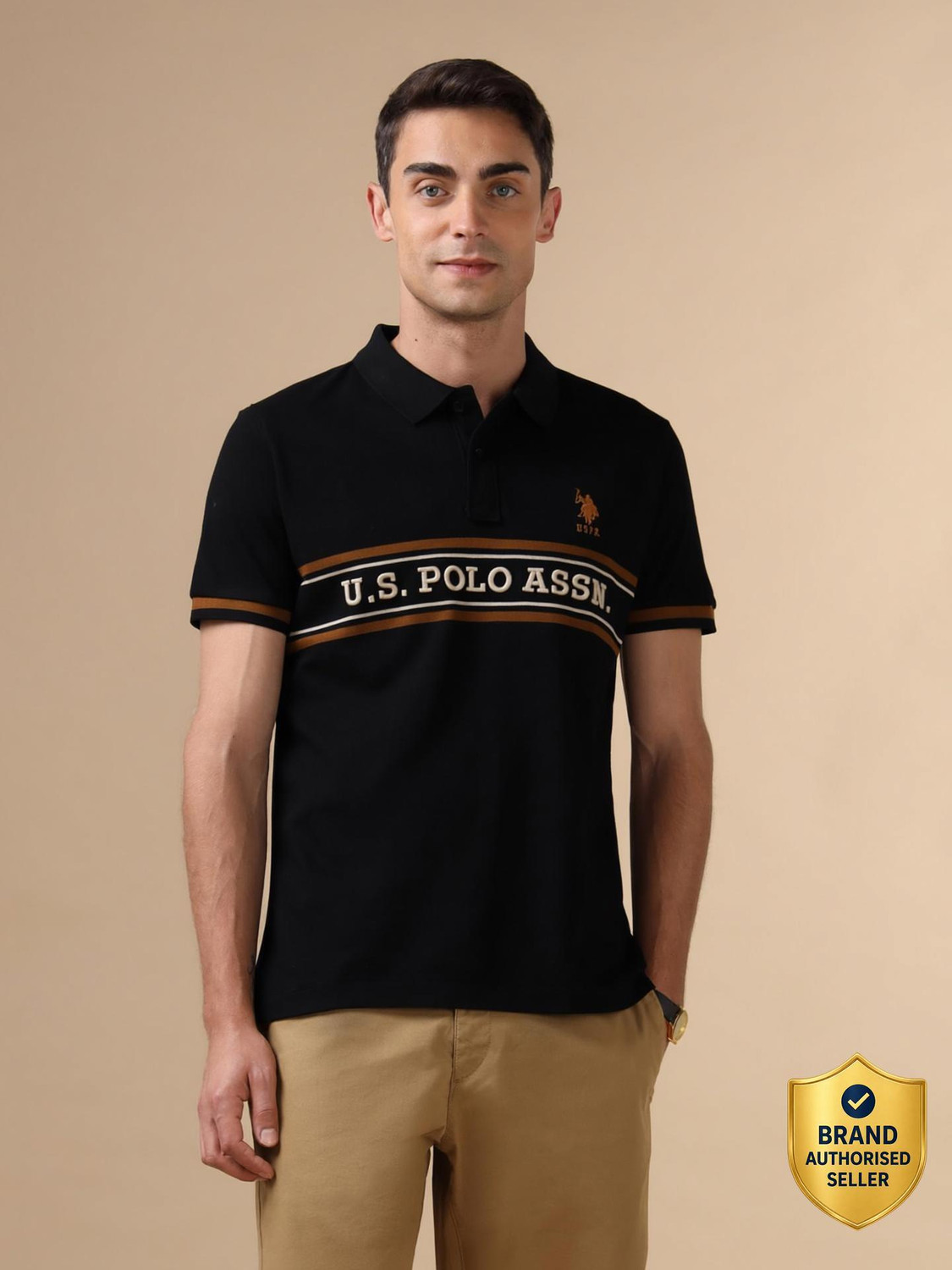 Image of U.S. POLO ASSN. Graphic Print Men Polo Neck Black T-Shirt