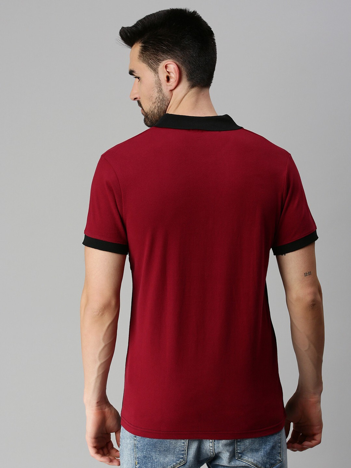 Image of Veirdo Striped Men Polo Neck Maroon T-Shirt