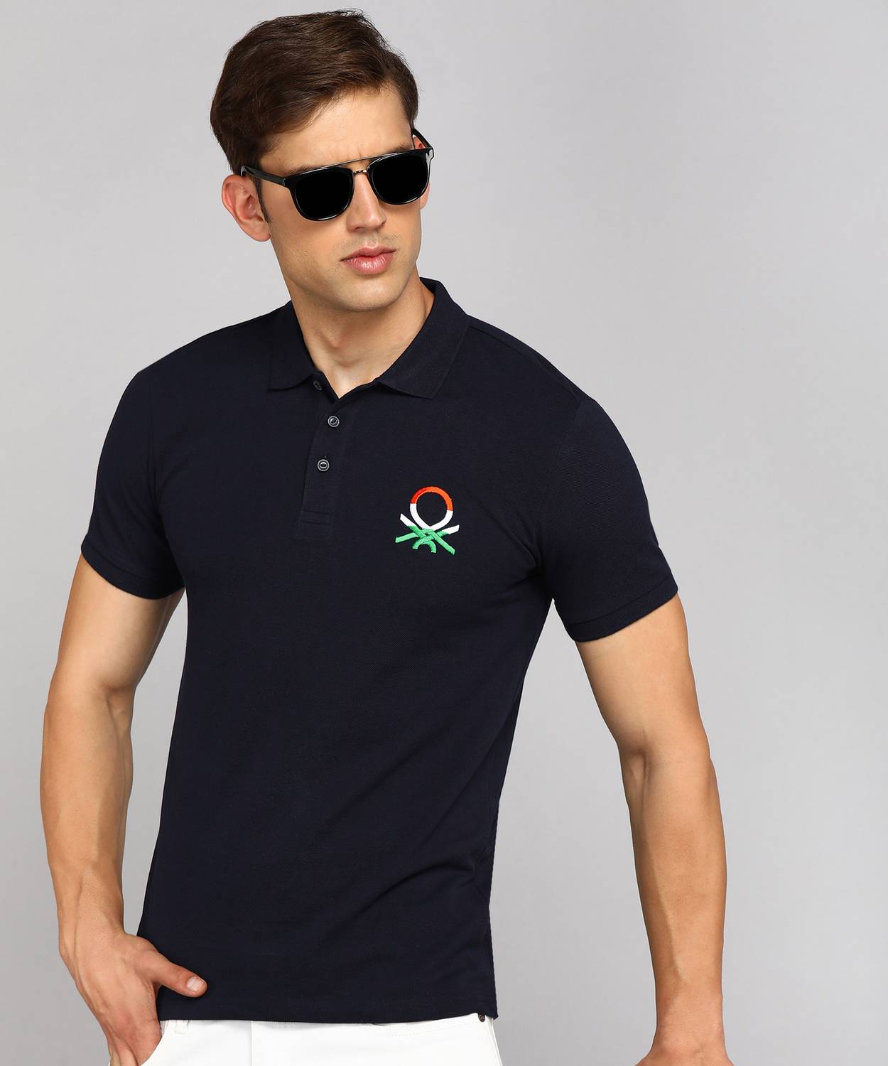 United Colors of Benetton Men Solid Polo Neck Pure Cotton Blue T-