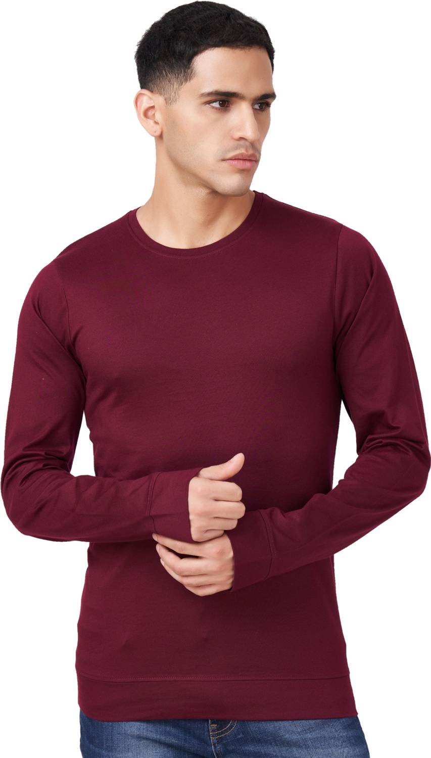 Zulements Men Solid Round Neck Cotton Blend Maroon T-Shirt