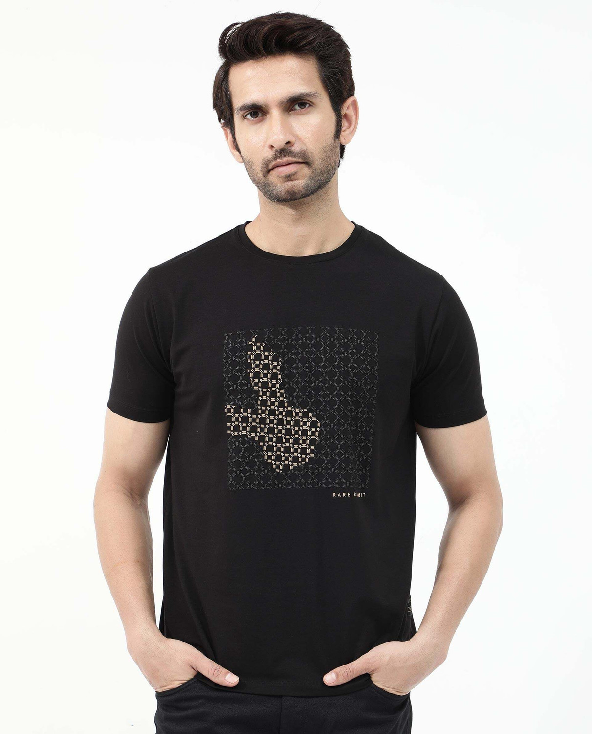 Image of RARE RABBIT Printed Men Round Neck Black T-Shirt