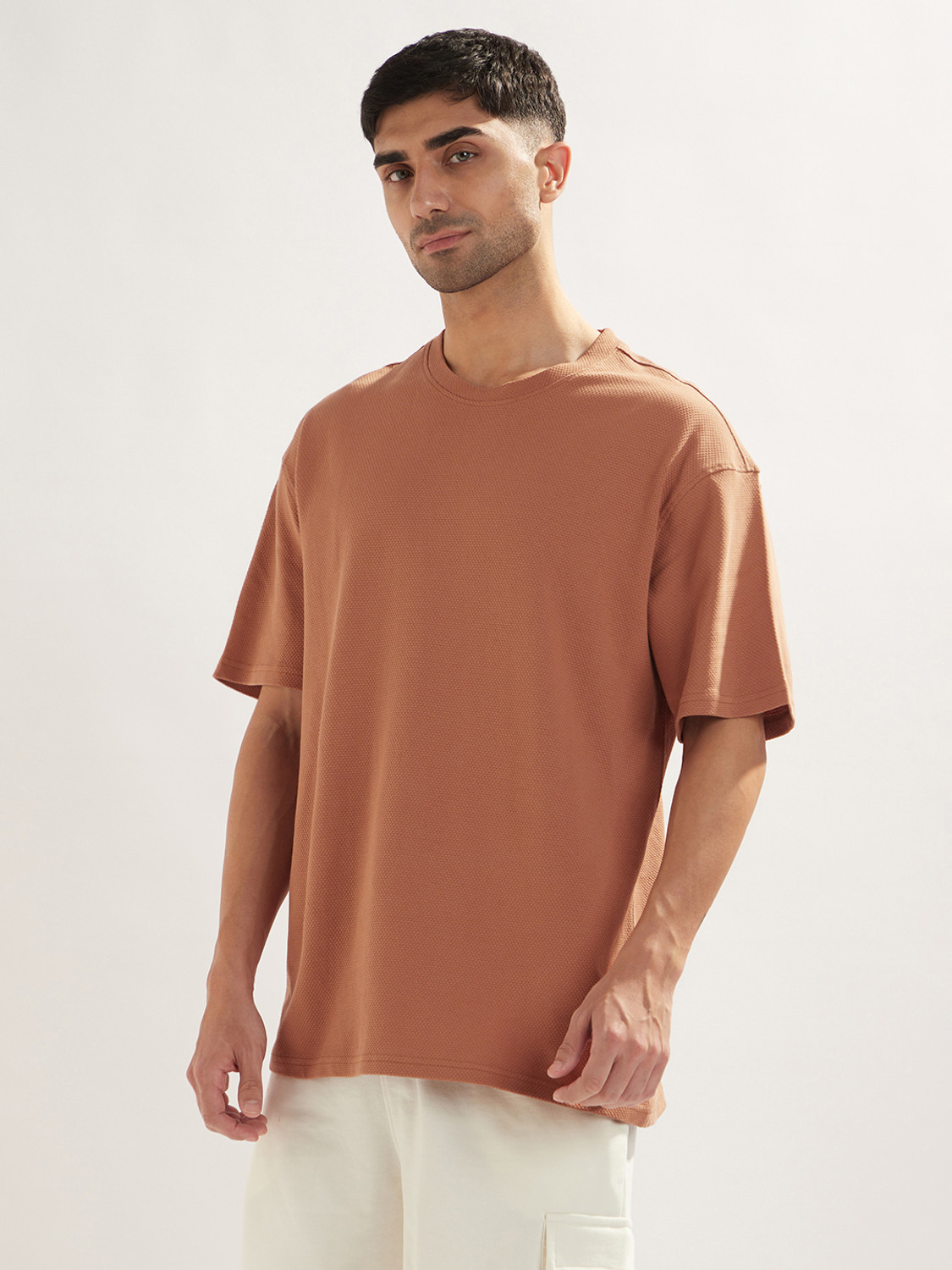 Image of NOBERO Men Solid Crew Neck Pure Cotton Brown T-Shirt