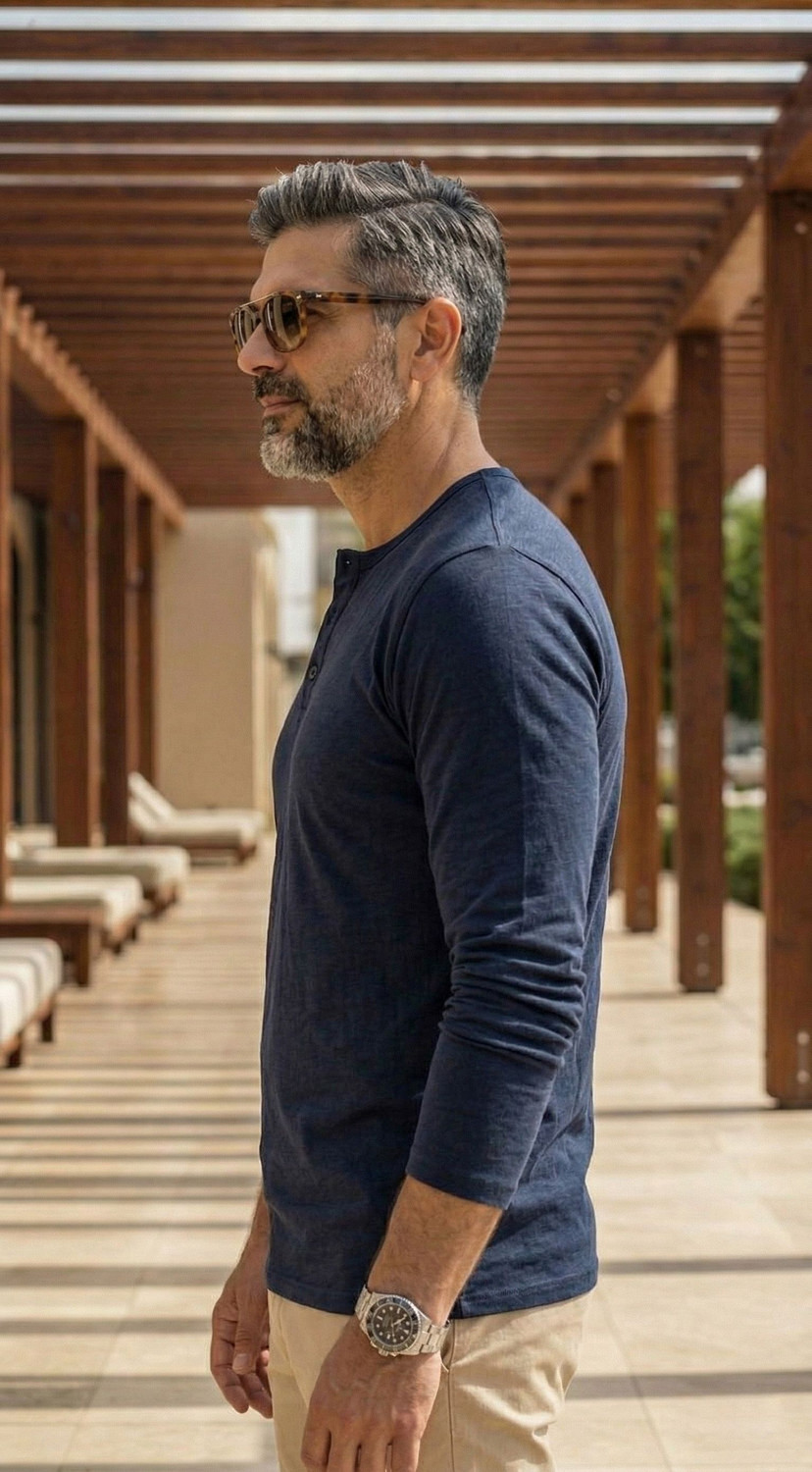 Image of Leon Self Design Men Henley Neck Dark Blue T-Shirt