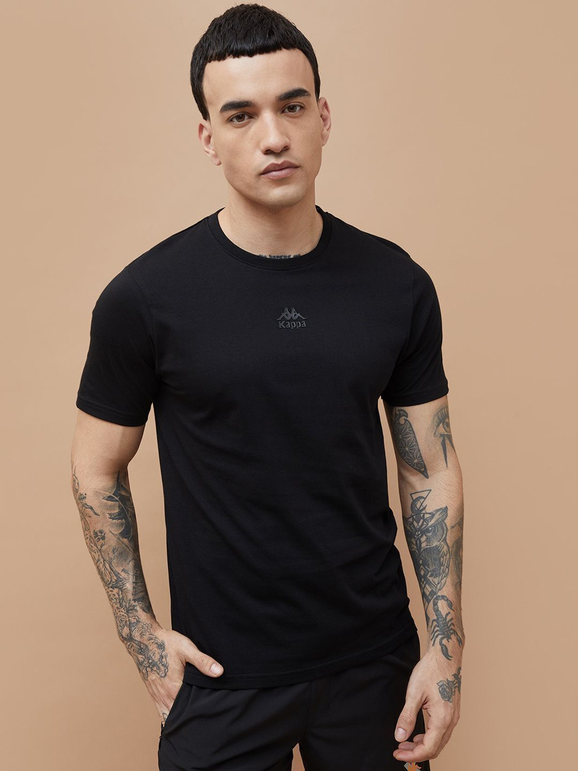 Image of Kappa Solid Men Round Neck Black T-Shirt