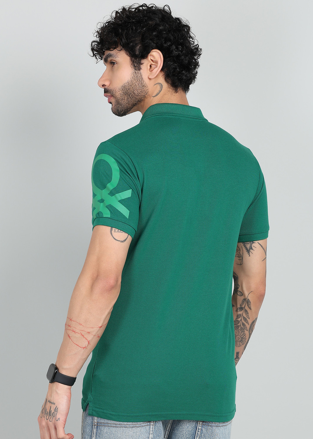 Image of United Colors of Benetton Solid Men Polo Neck Green T-Shirt