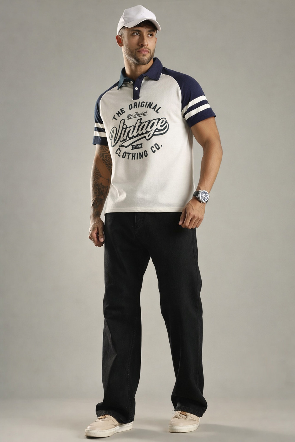 Image of SHINX Printed Men Polo Neck White, Dark Blue T-Shirt