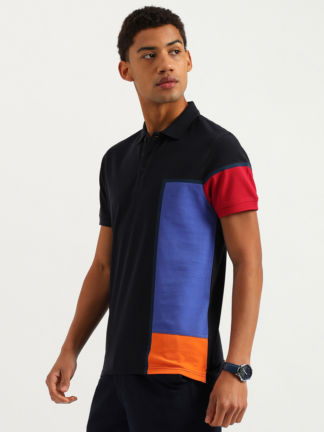 Image of United Colors of Benetton Colorblock Men Polo Neck Blue T-Shirt