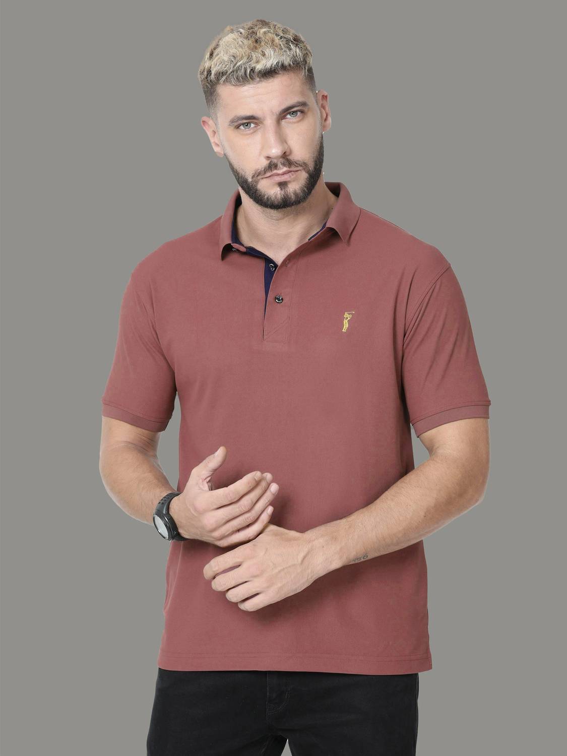 Stellers Men Solid Polo Neck Polyester Brown T-Shirt