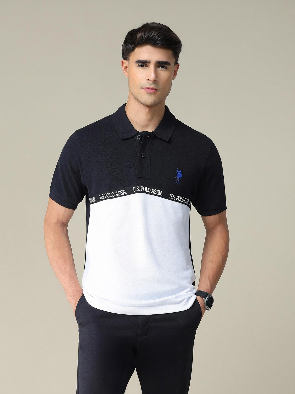 Image of U.S. POLO ASSN. Colorblock Men Polo Neck White, Black T-Shirt