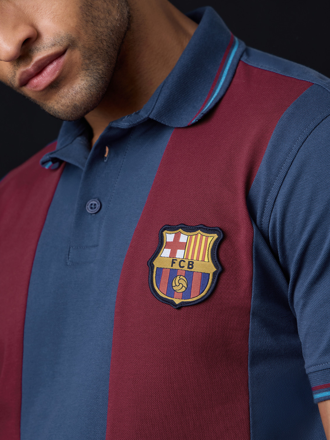 Image of The Souled Store Colorblock Men Polo Neck Navy Blue, Maroon T-Shirt