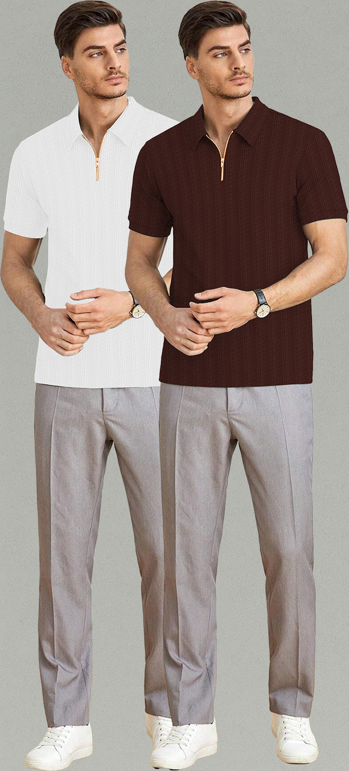 Image of KAJARU Self Design Men Zip Neck Brown, White T-Shirt