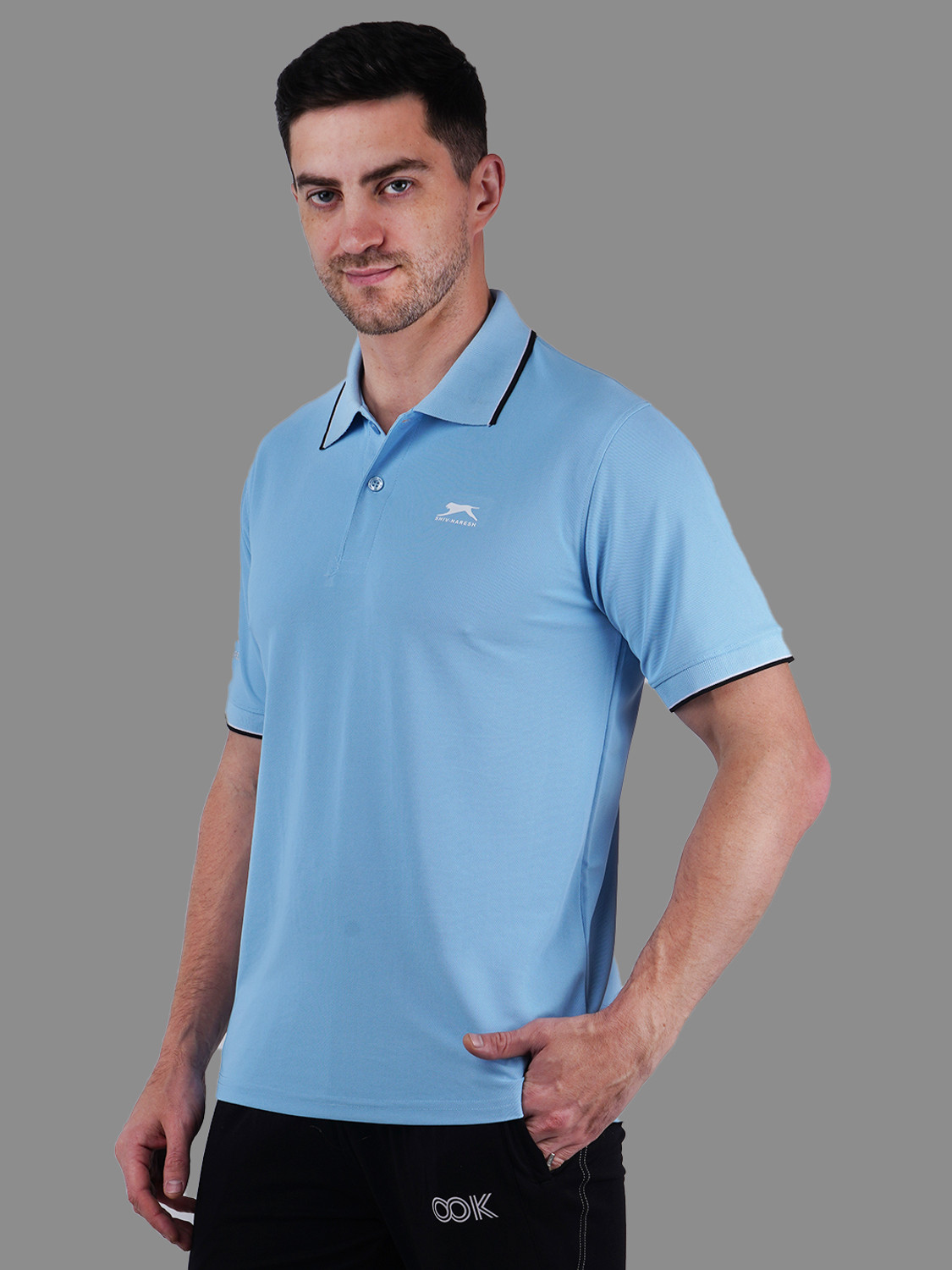 Image of Shiv Naresh Self Design Men Polo Neck Light Blue T-Shirt
