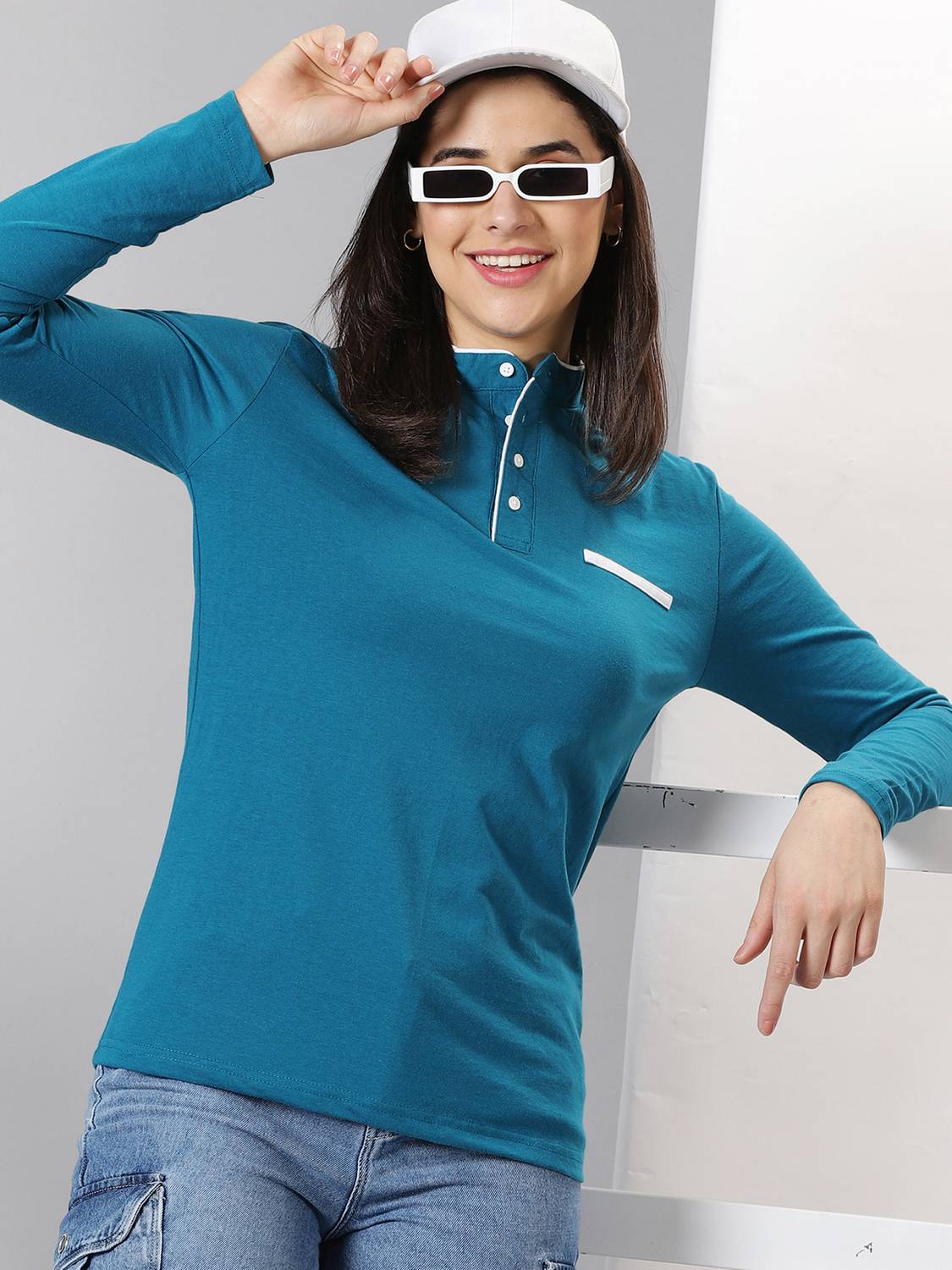 AUSK Women Mandarin Collar Dark Blue T-Shirt - Image 1