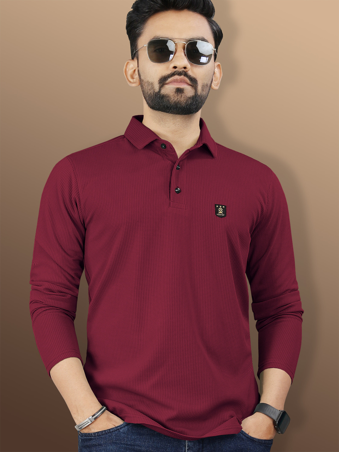 Image of VeBNoR Self Design Men Polo Neck Maroon T-Shirt