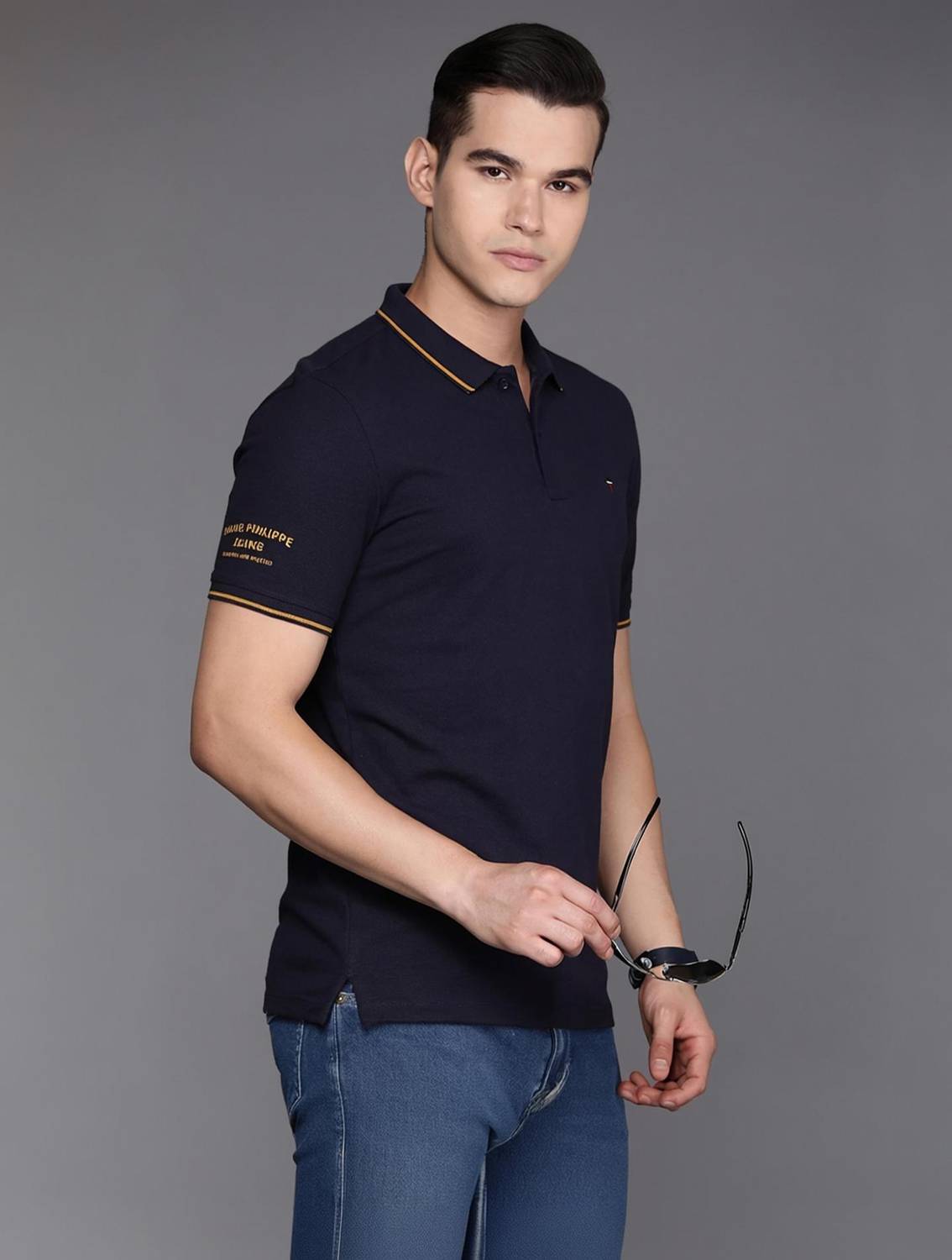 Louis Philippe Sport Solid Men Polo Neck Navy Blue T-Shirt