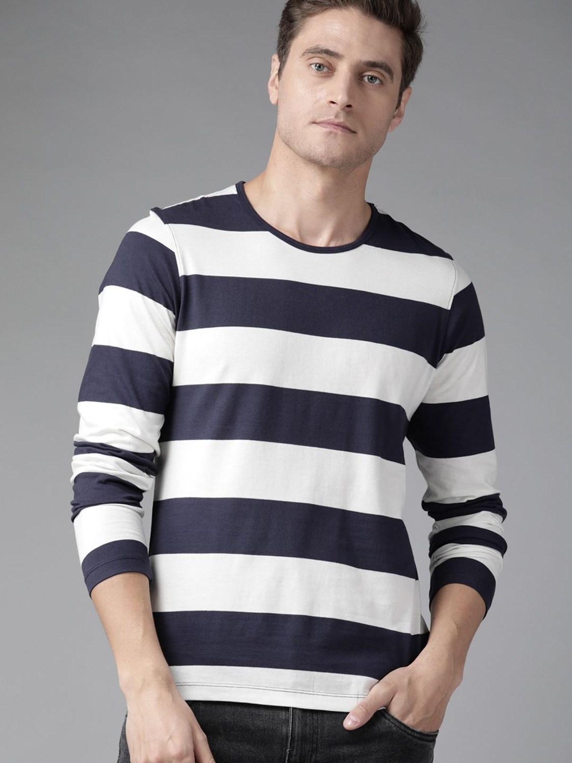 Image of Roadster Striped Men Round Neck Navy Blue T-Shirt