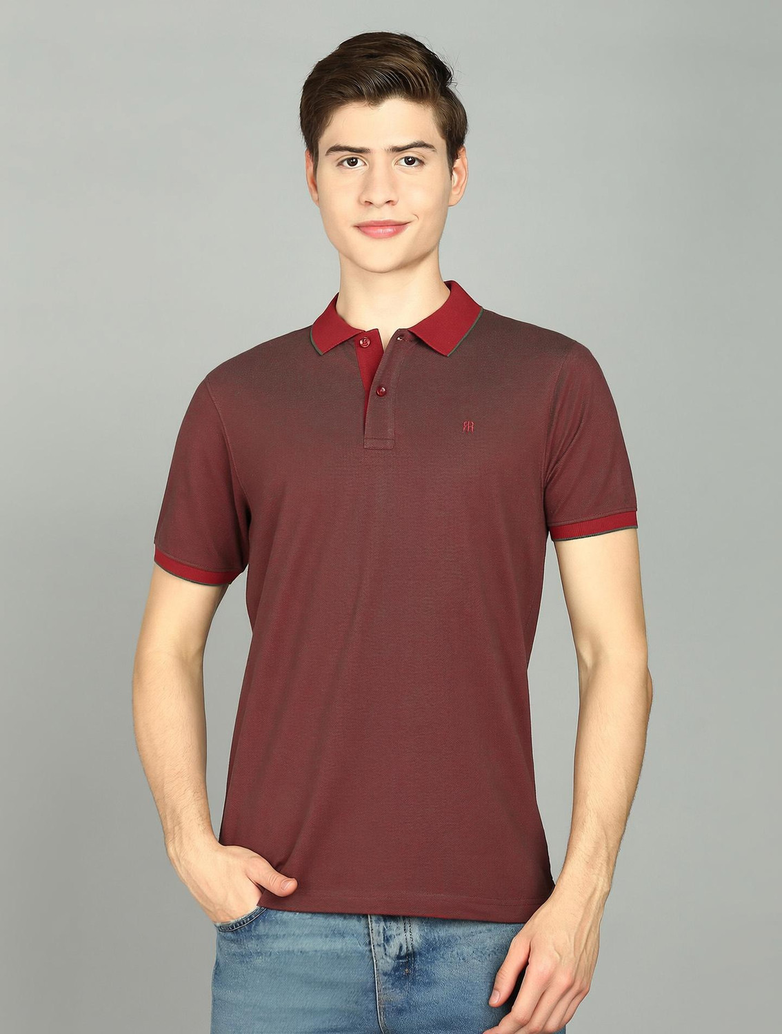 Image of Raymond Self Design Men Polo Neck Maroon T-Shirt