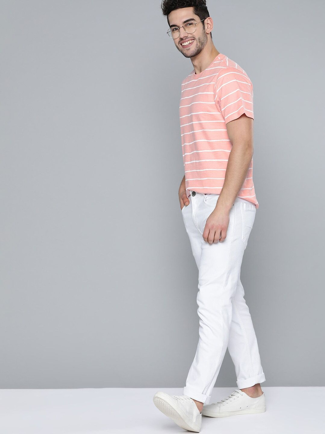 Image of Mast & Harbour Striped Men Round Neck Pink T-Shirt