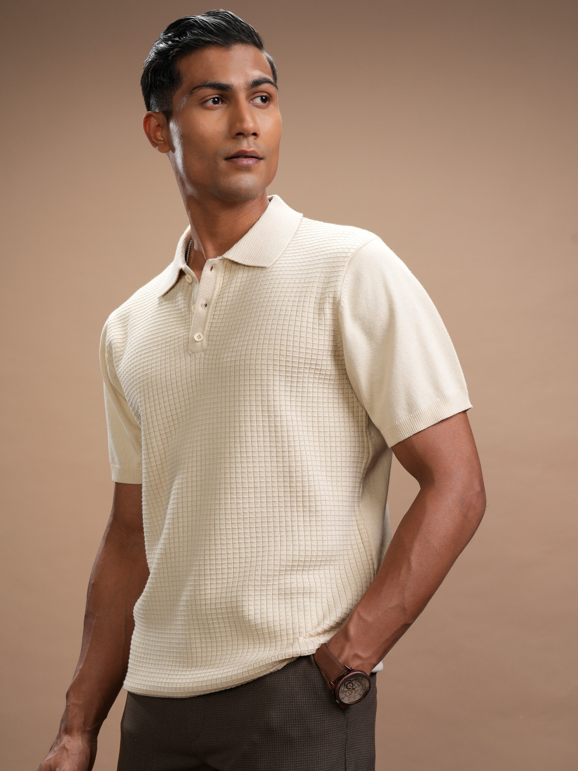 Image of HIGHLANDER Self Design Men Polo Neck Beige T-Shirt