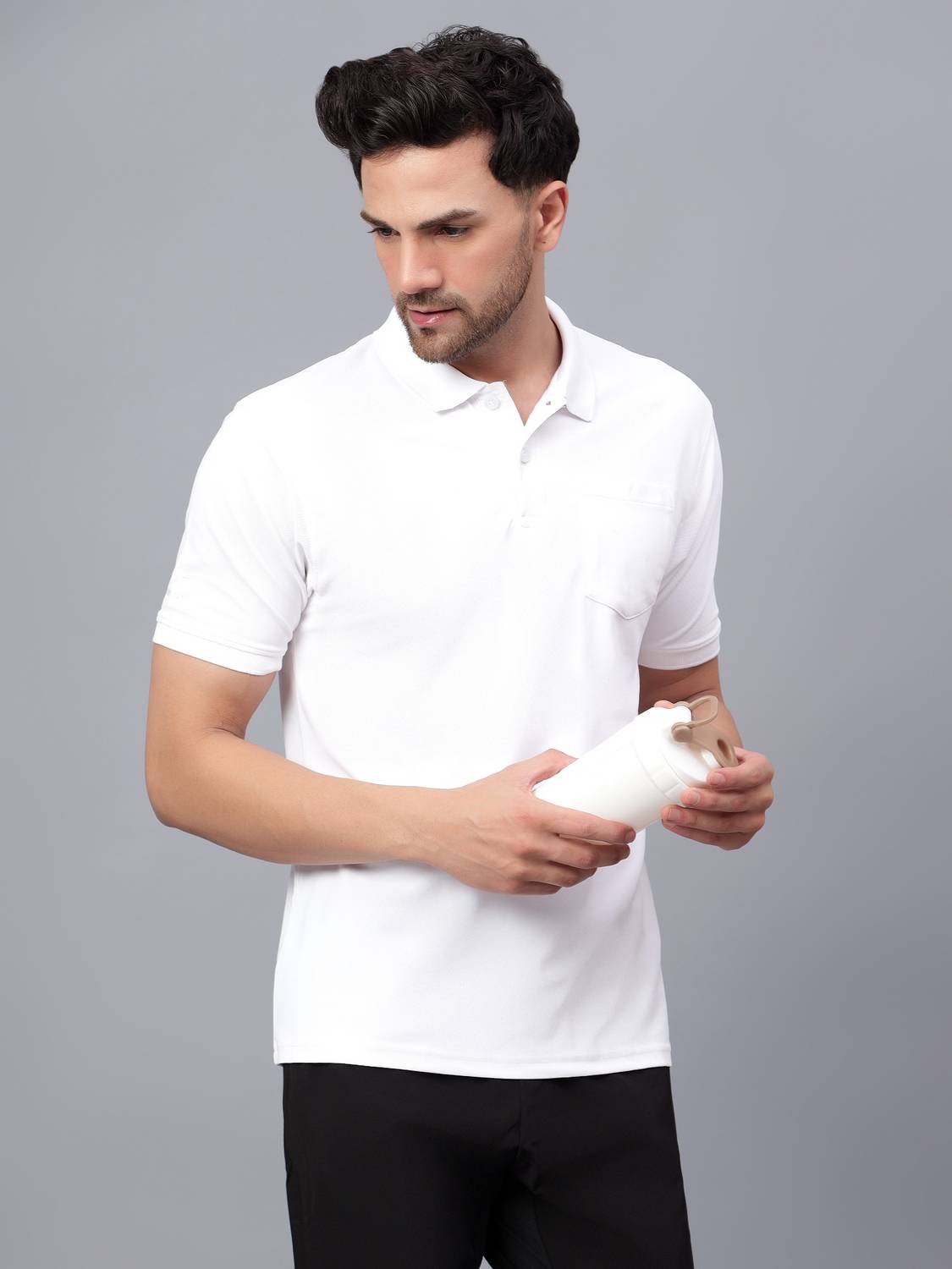 Shiv Naresh Men Solid Polo Neck Polyester White T-Shirt