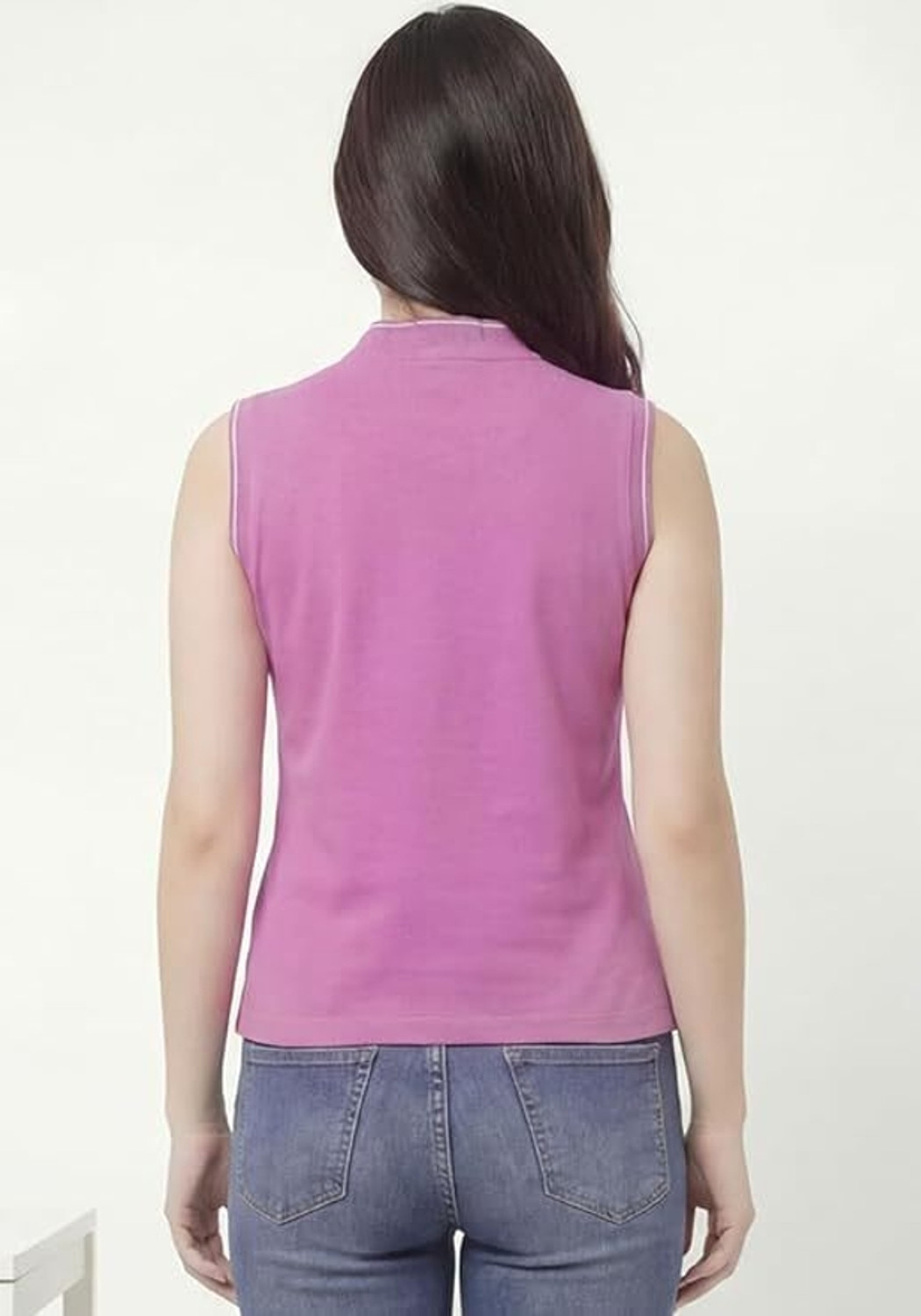 Image of WEAR YOUR OPINION Women Solid Mandarin Collar Cotton Blend Purple T-Shirt