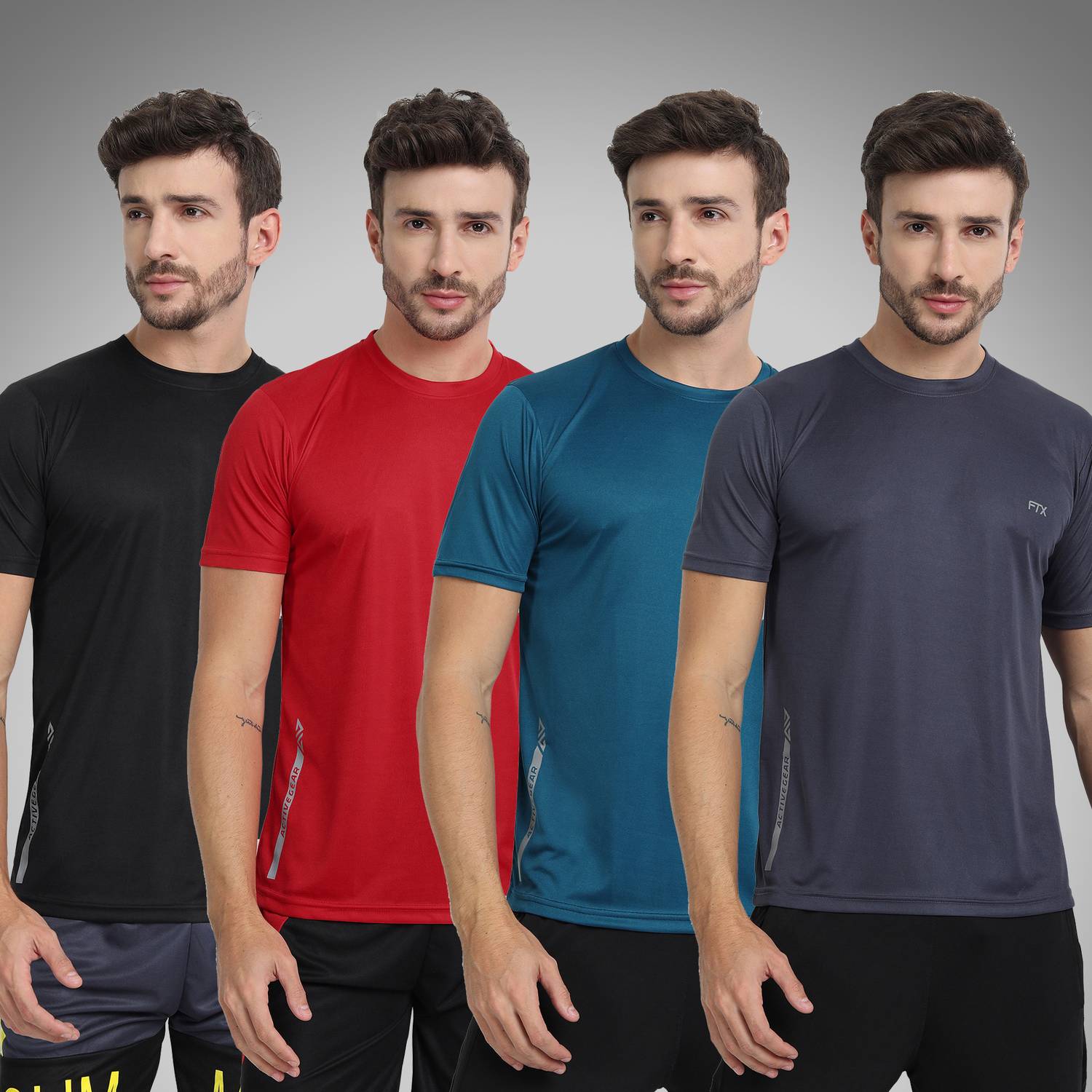 FTX Pack of 4 Men Solid Round Neck Polyester Multicolor T-Shirt