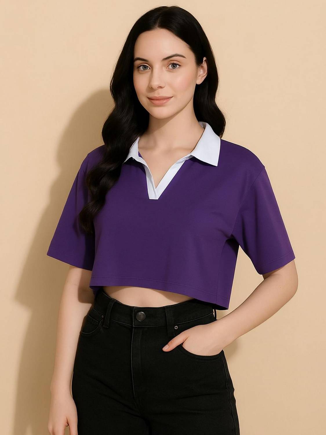 Adyavastram Solid Women Polo Neck Purple T-Shirt