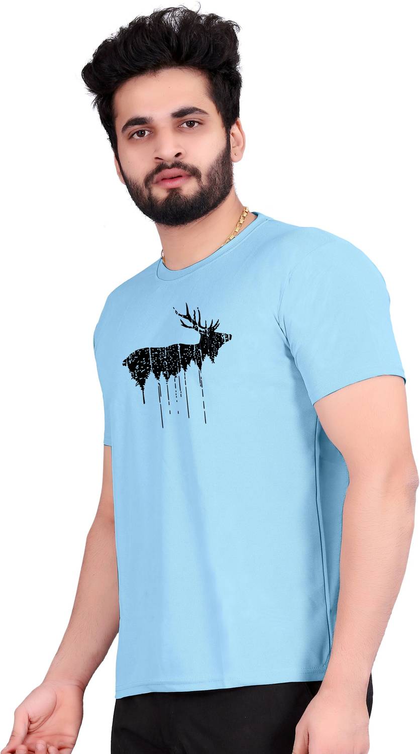 BYBILLOW Printed Men Round Neck Light Blue T-Shirt