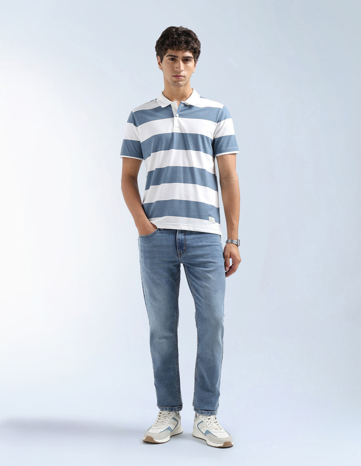 Image of FLYING MACHINE Striped Men Polo Neck Blue T-Shirt