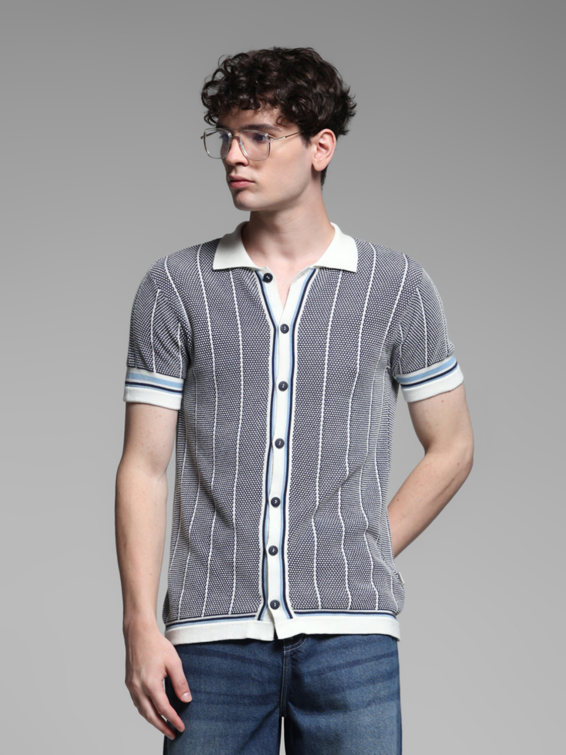 Image of JACK & JONES Striped Men Polo Neck Blue T-Shirt