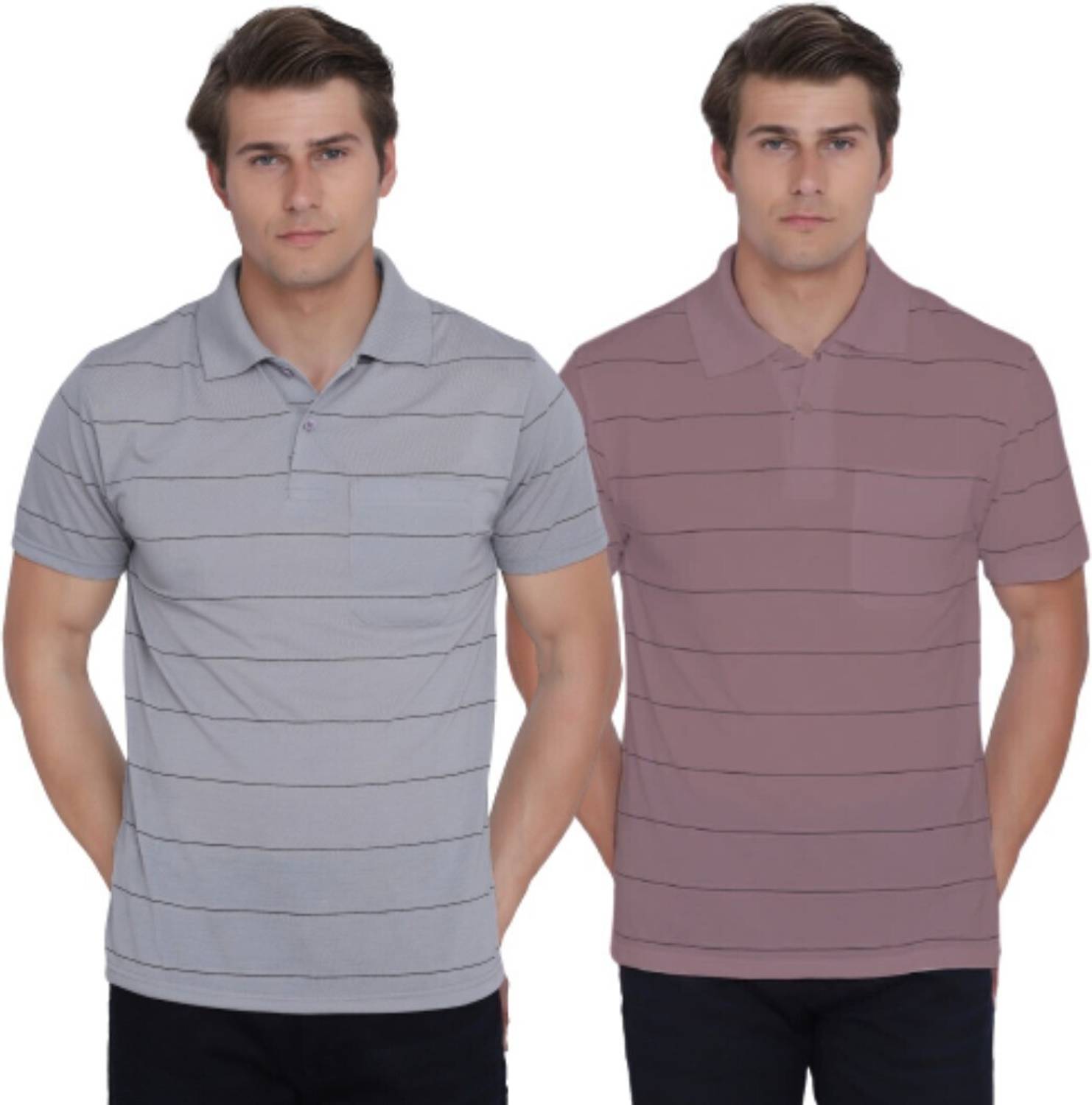 INKKR Pack of 2 Men Striped Polo Neck Cotton Blend Multicolor T-S