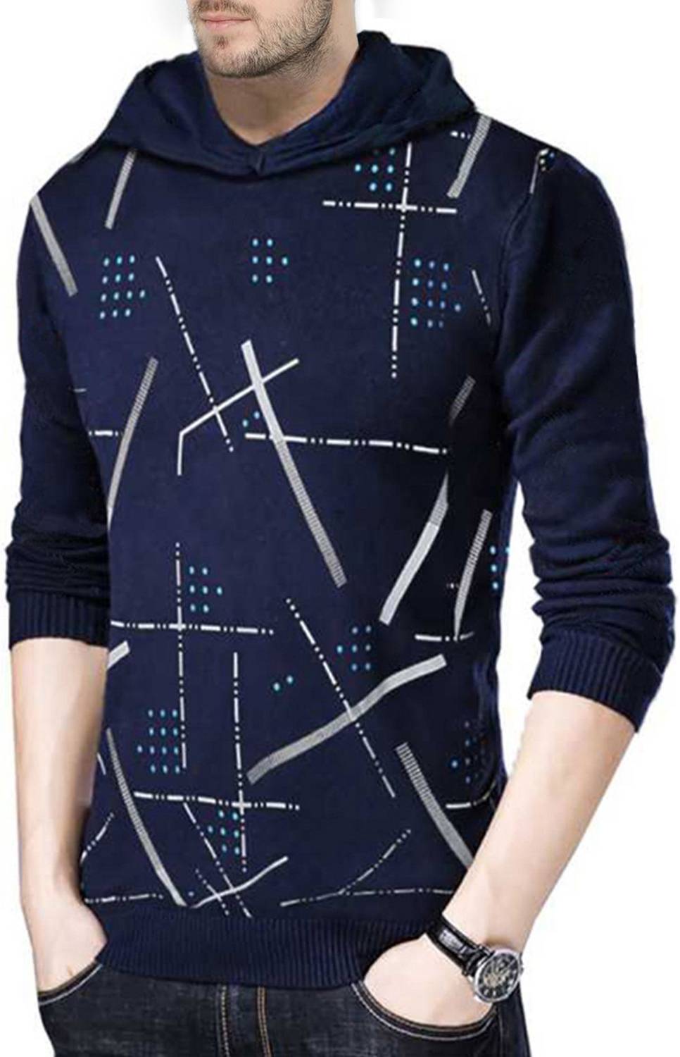 TRIPR Men Solid Mandarin Collar Cotton Blend Dark Blue T-Shirt