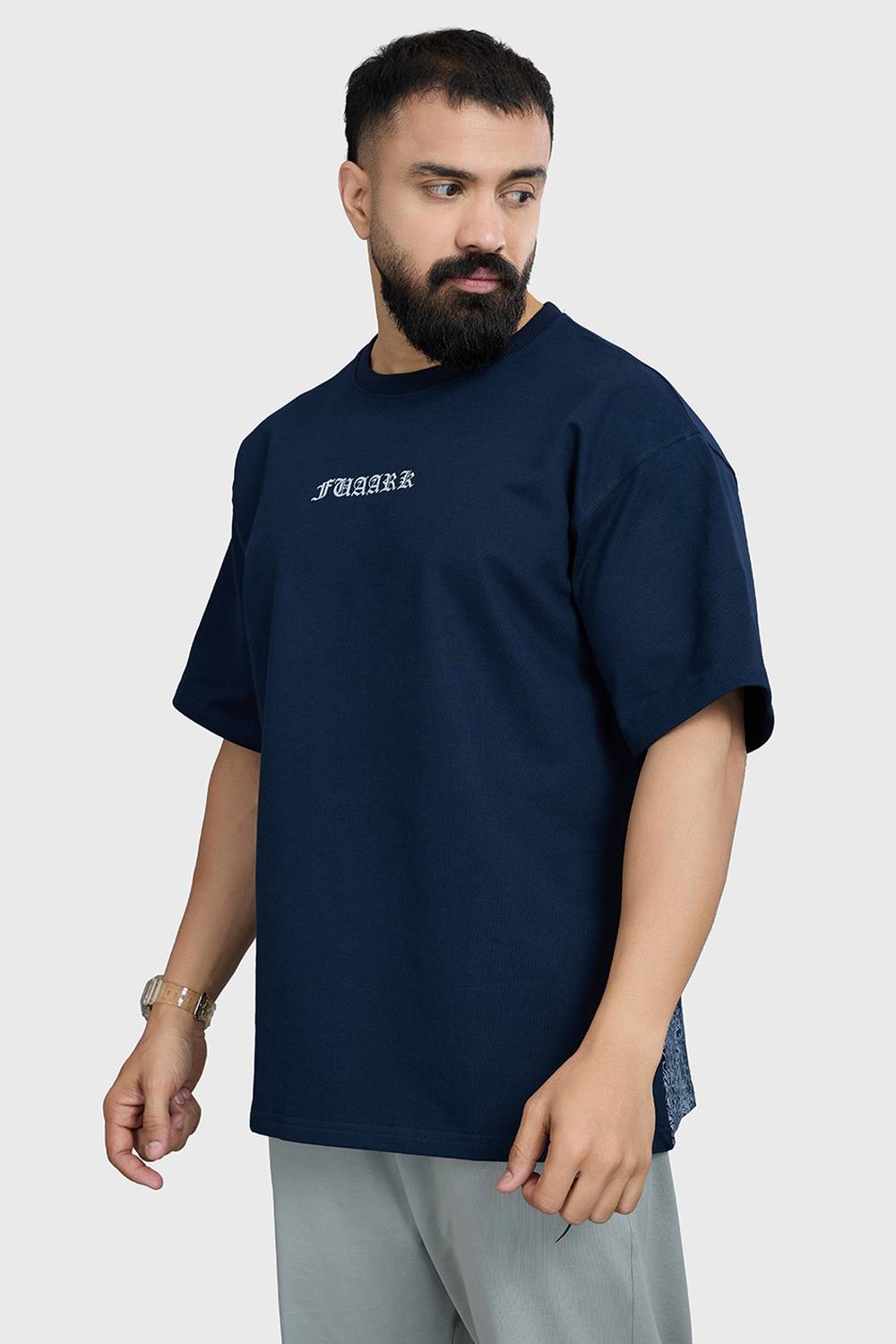 Men Solid Round Neck Pure Cotton Navy Blue T-Shirt - Image 3