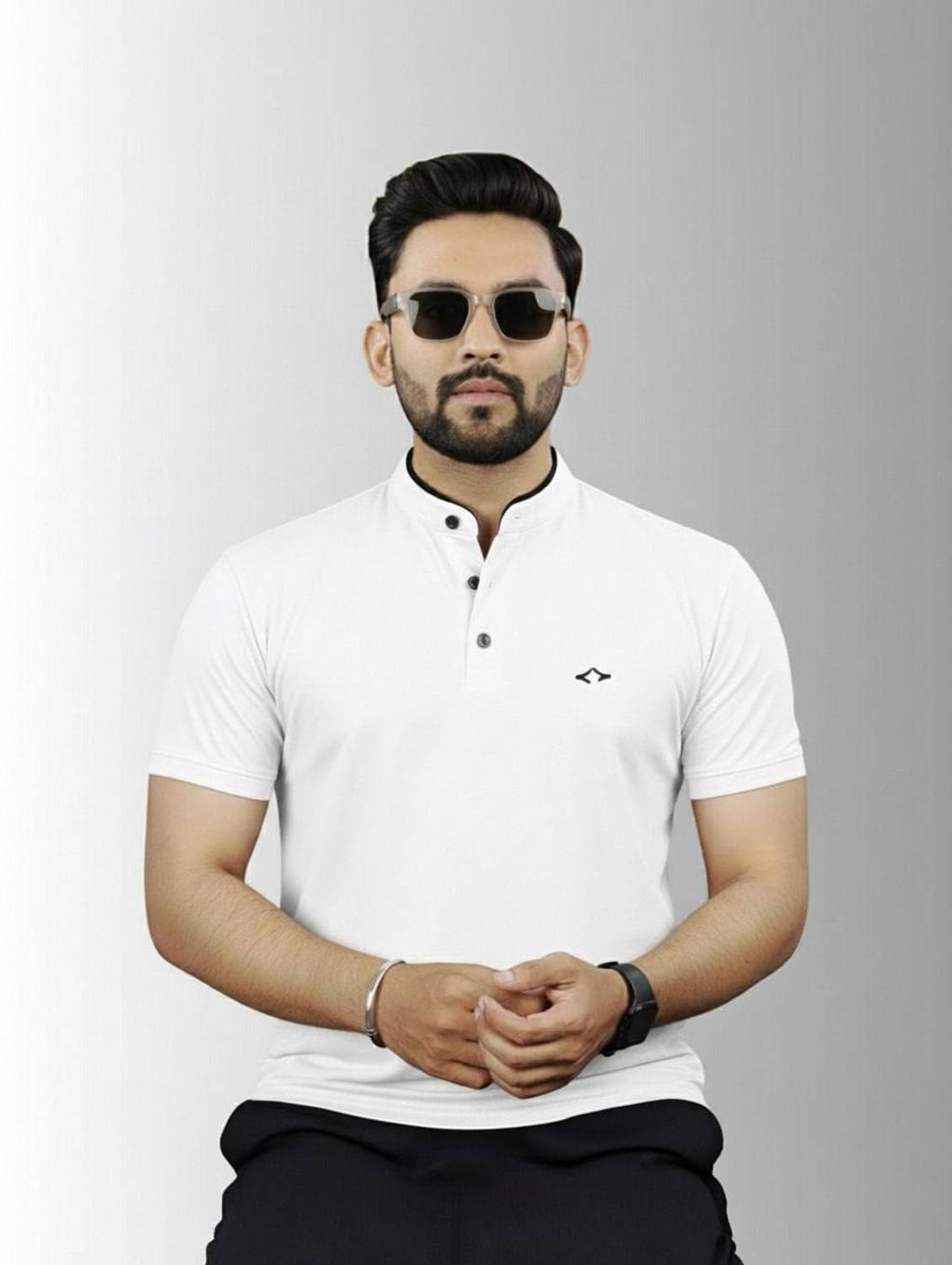 BUFFARO Solid Men Mandarin Collar White T-Shirt